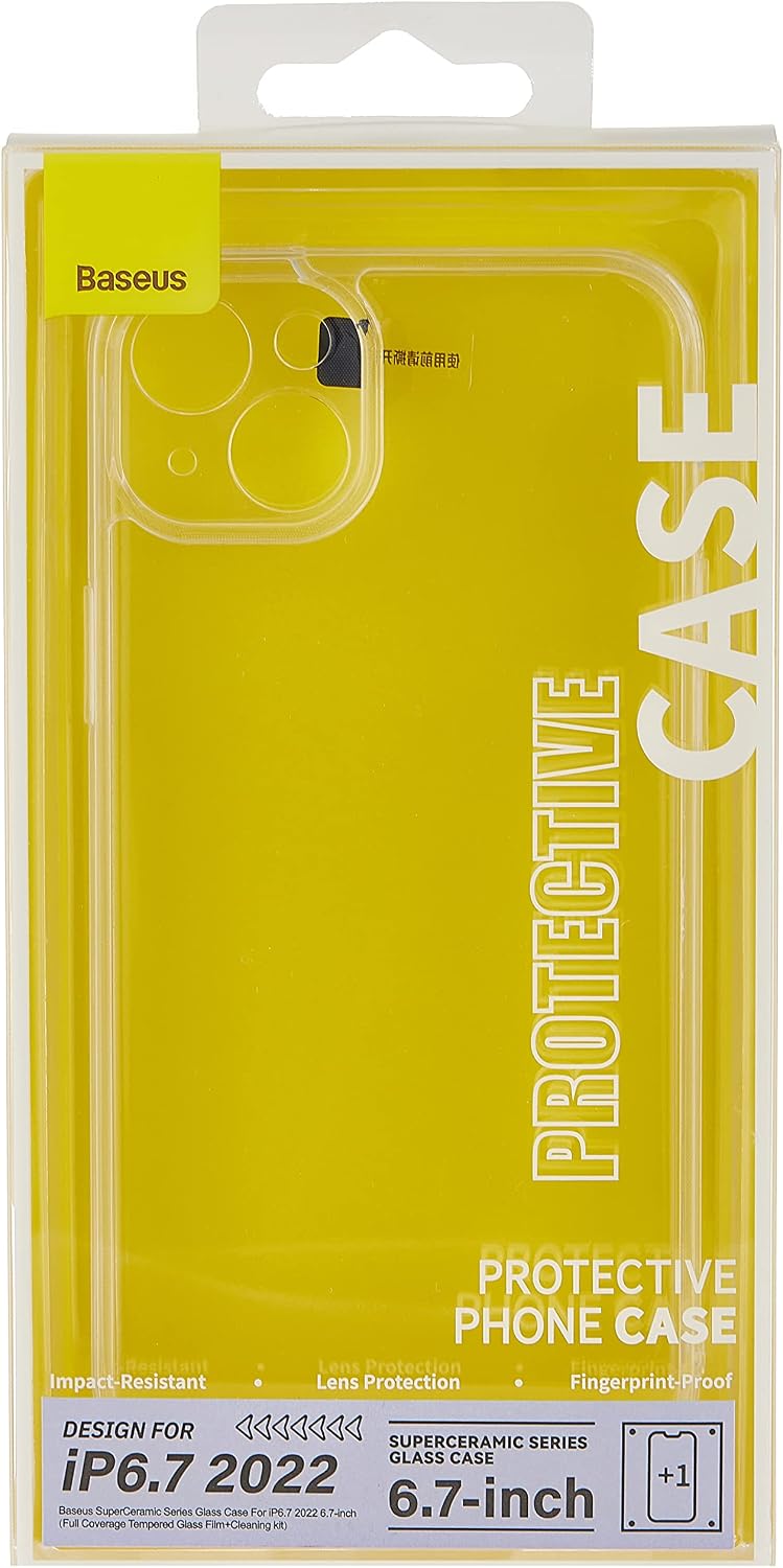 Baseus SuperCeramic Series Glass Case for iP 14 Plus (Pack of 1 with full coverage tempered glass screen protector and cleaning kit), Clear — Clear