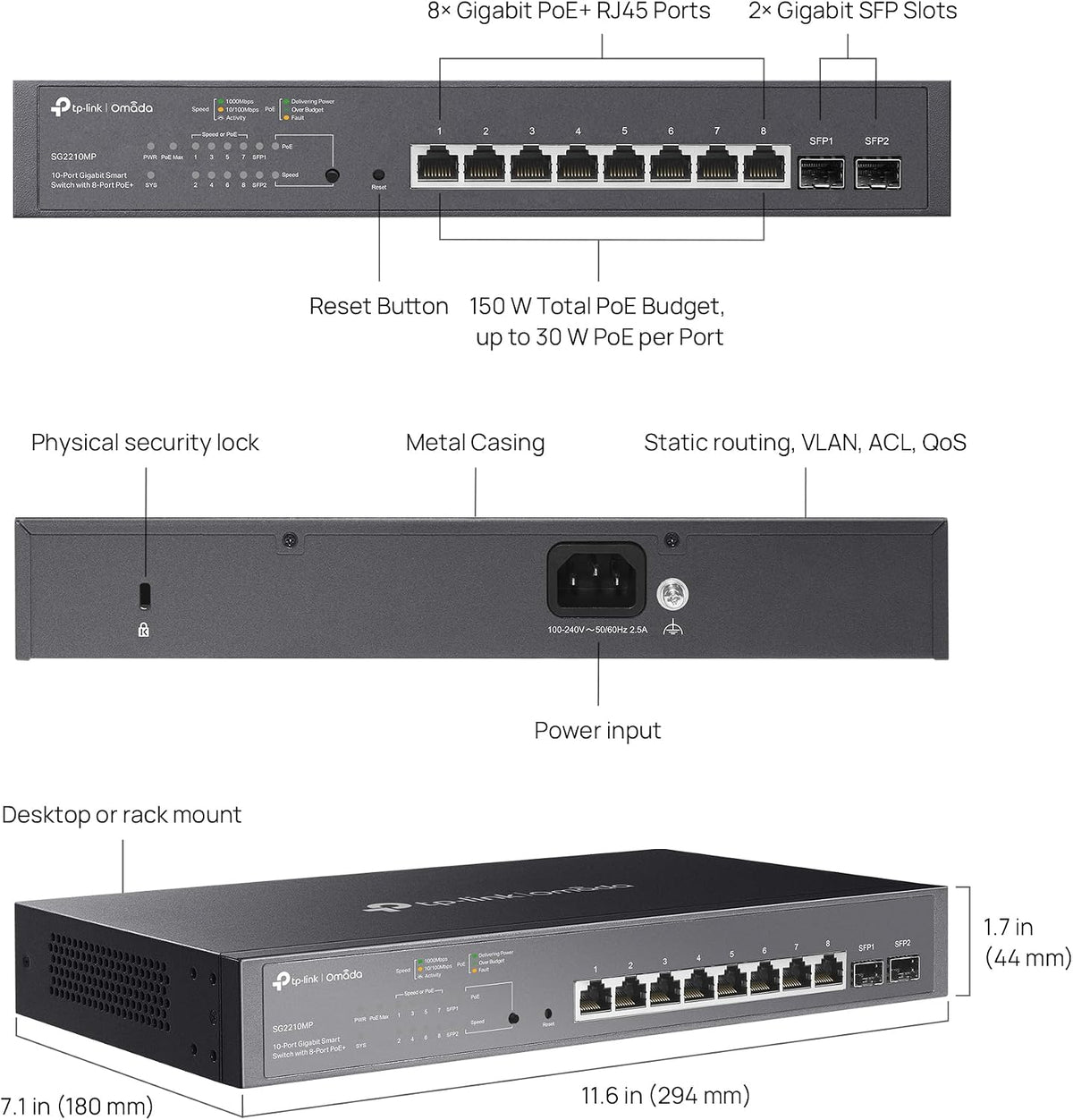 TP-Link TL-SG2210MP | Jetstream 10 Port Gigabit Smart Managed PoE switch | 8 PoE+ Ports @ 150W, 2 SFP Slots | Support Omada SDN | PoE Recovery | IPv6 | Static Routing | 5 Year Manufacturer Warranty