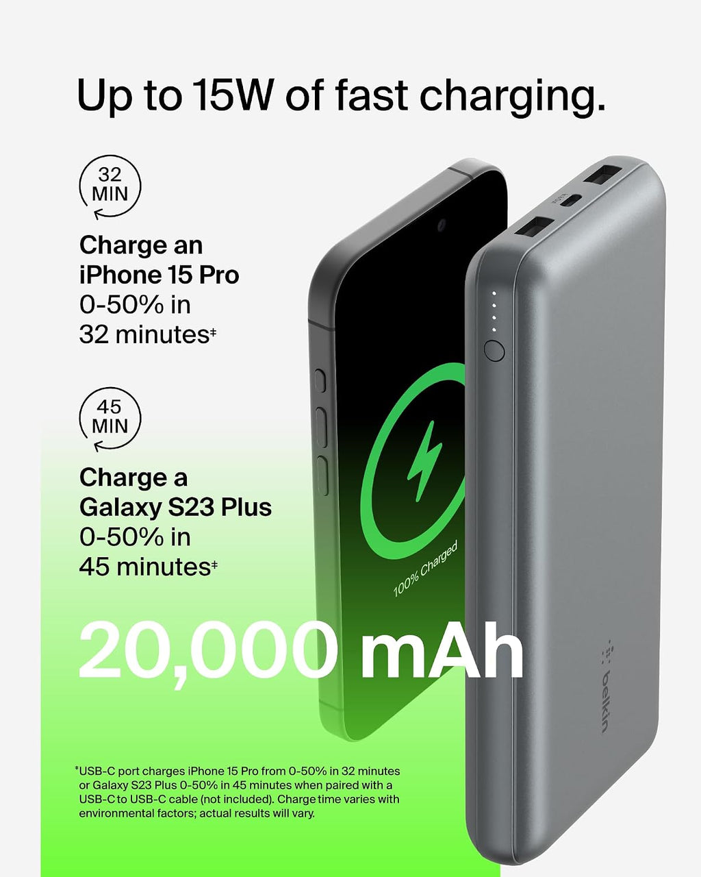 Belkin Portable Charger, USB C Power Bank 20000 mAh w/2 USB-A Ports, 15W w/A to C Cable - iPhone 17, Air, Pro, Pro Max, AirPods, Samsung Galaxy S25,iPad,Nintendo Switch 2,Google Pixel 10 – Space Gray