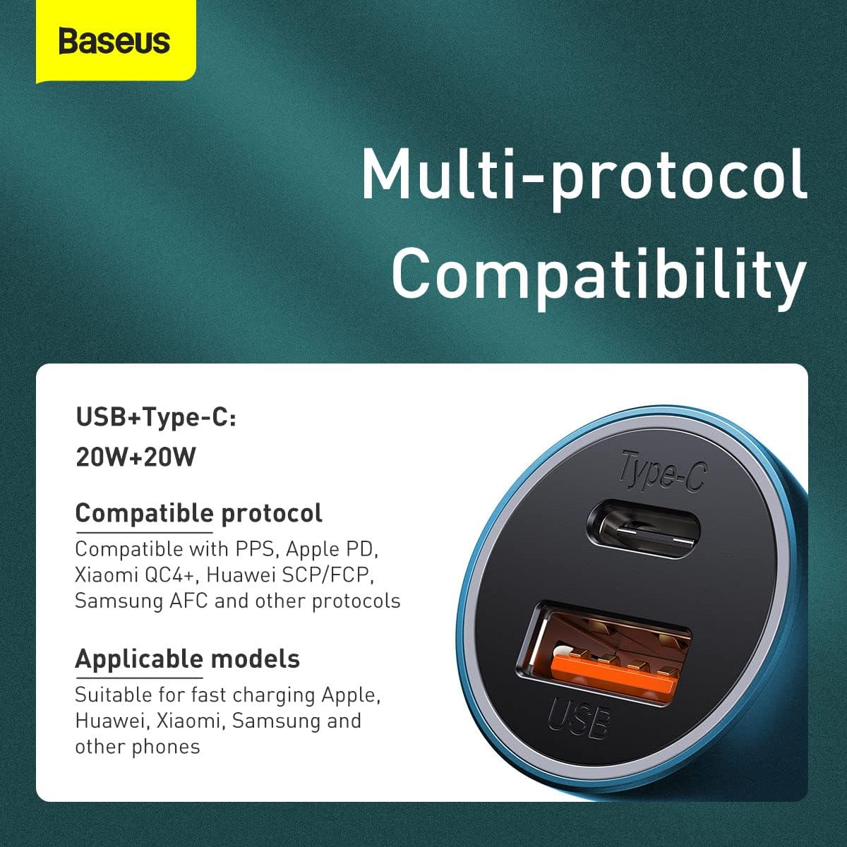 Baseus Car Charger 40W USB C Adaptor, PD 3.0 QC 4.0 Phone Fast Charging With Simple Wisdom Data Cable Type-C to Lightning Cable 1M — Blue