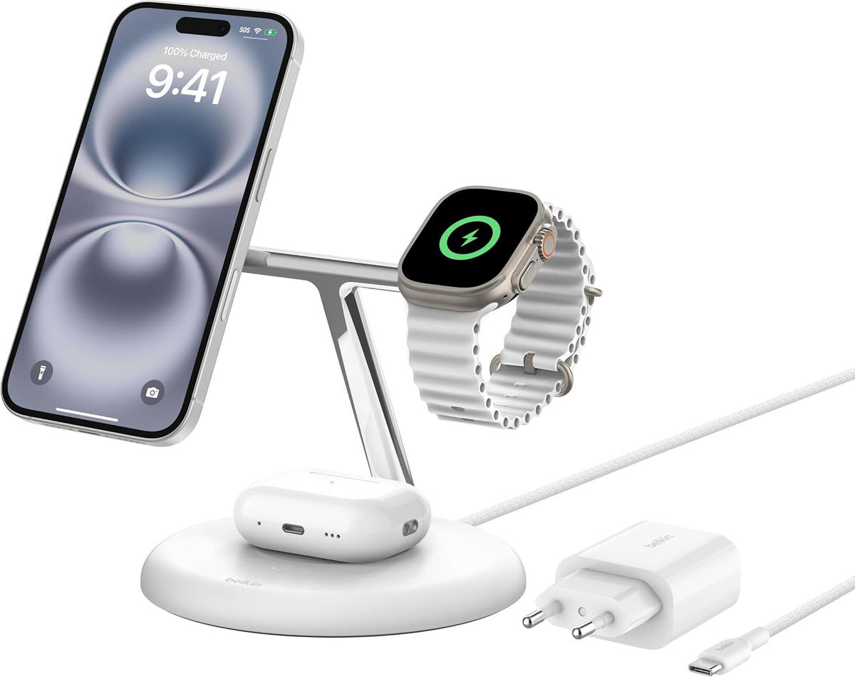 Belkin 3 in 1 Wireless Charging Stand 15W with MagSafe Compatible Qi2 Technology, Fast Charger for iPhone 16, 15, 14, AirPods, Apple Watch (Power Supply Included) - White