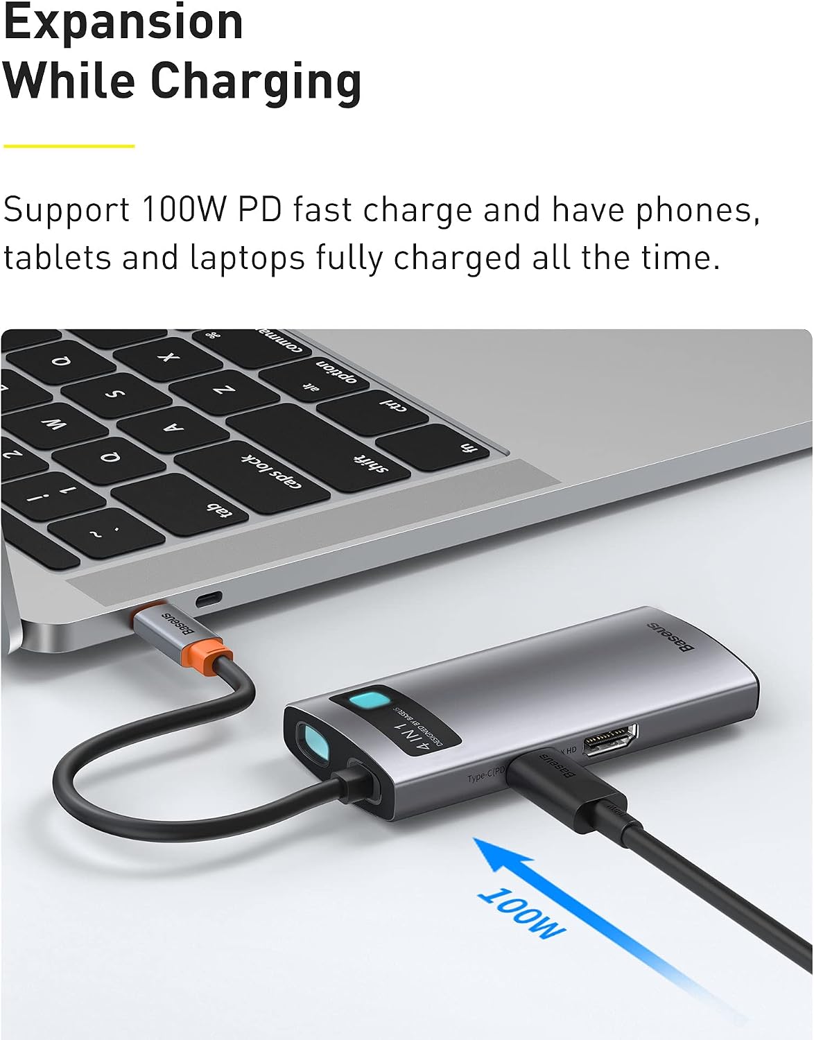Baseus 4 in 1 USB C Hub, Docking Station 5Gbps Data Transfer, 4K@60Hz Type C to HDMI, 2 USB-A 3.0 Ports, PD 100W, Multiport Adapter — 4 in 1-GS — Grey