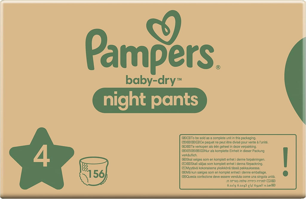 Pampers Nappy Pants Size 4 (9-15 kg / 20-33 lbs), Baby-Dry Night, 156 Nappies, MONTHLY BOX, Extra Protection All Night Long, Pull Ups