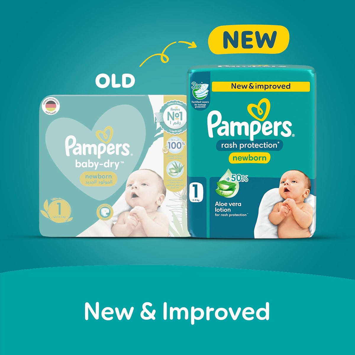 Pampers Rash Protection Taped Diapers, Size 1, 2-5kg, +50% Aloe Vera Lotion for Rash Protection, 3x Fortified Layers for Leakage Protection, Jumbo Box, 136 Count