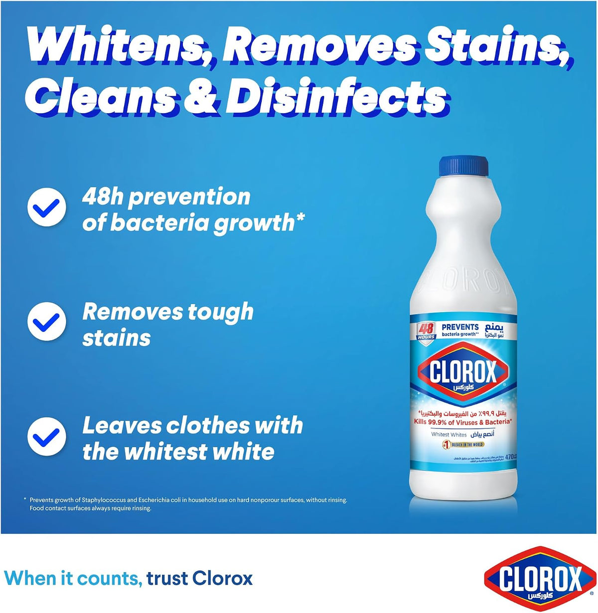 Clorox Liquid Bleach 470ml, Kills 99.9% of Viruses and Bacteria, 48 Hours Prevents Bacteria Growth, Removes Stains — additional view 3