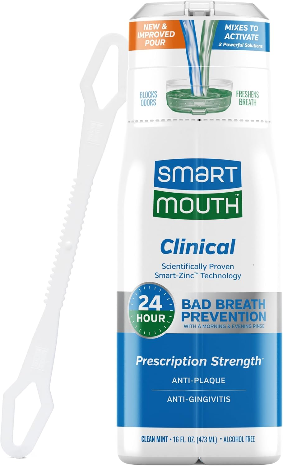 SmartMouth Clinical Zinc Activated Mouthwash with Tongue Cleaner, 16 fl oz — front product image