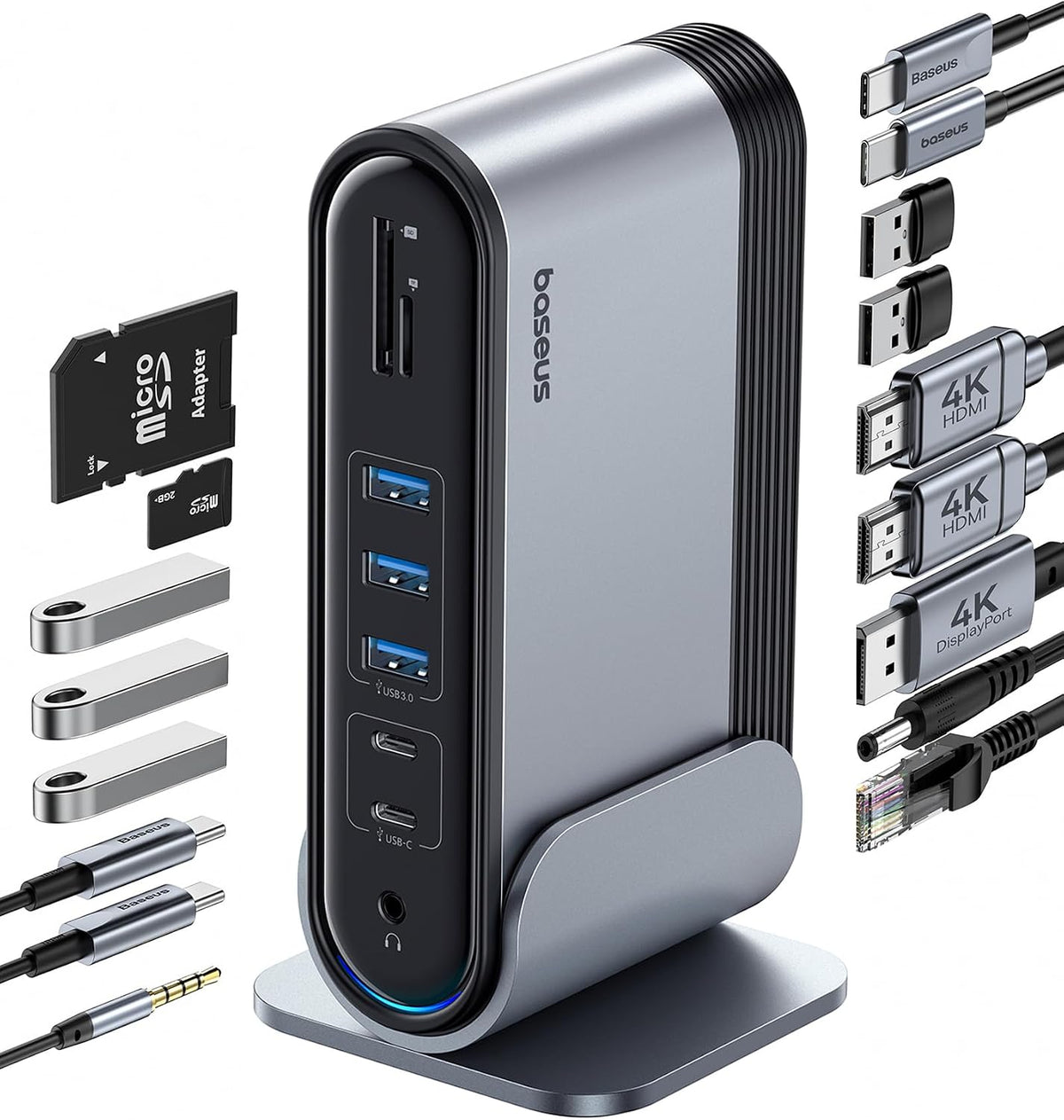Baseus 17-in-1 Laptop Docking Station 3 Monitors with 4K HDMI+DP, USB C Docking Station with 7 USB, 1000Mbps Ethernet, 100W PD, Card Readers — 17 in 1 — Black