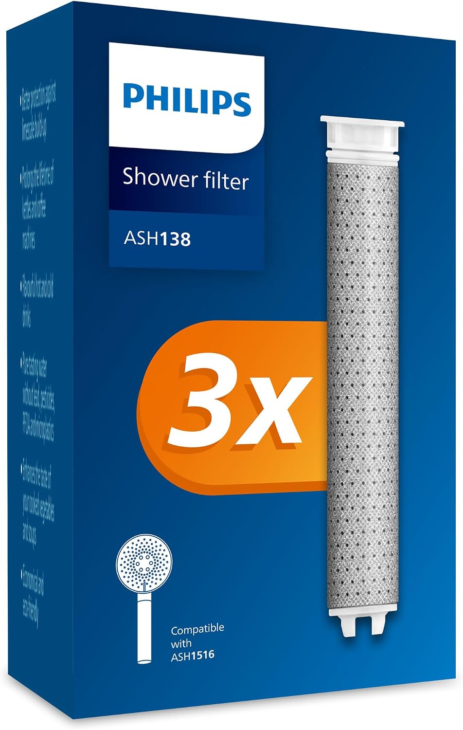 Philips Water Shower Head Replacement Filter Pack of 3, Effectively Removes Chlorine and Other Large Particles, 1 Month Filtering Time