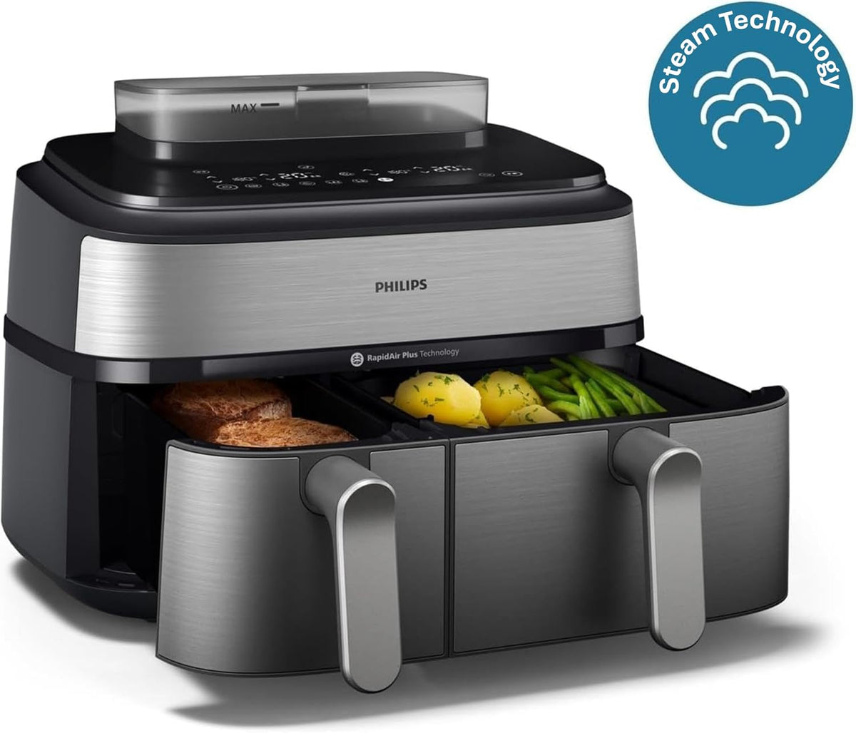 Philips Dual Basket AirFryer XXL With Steam, 9L/1.5KG, 2750W, 19 Functions — Silver