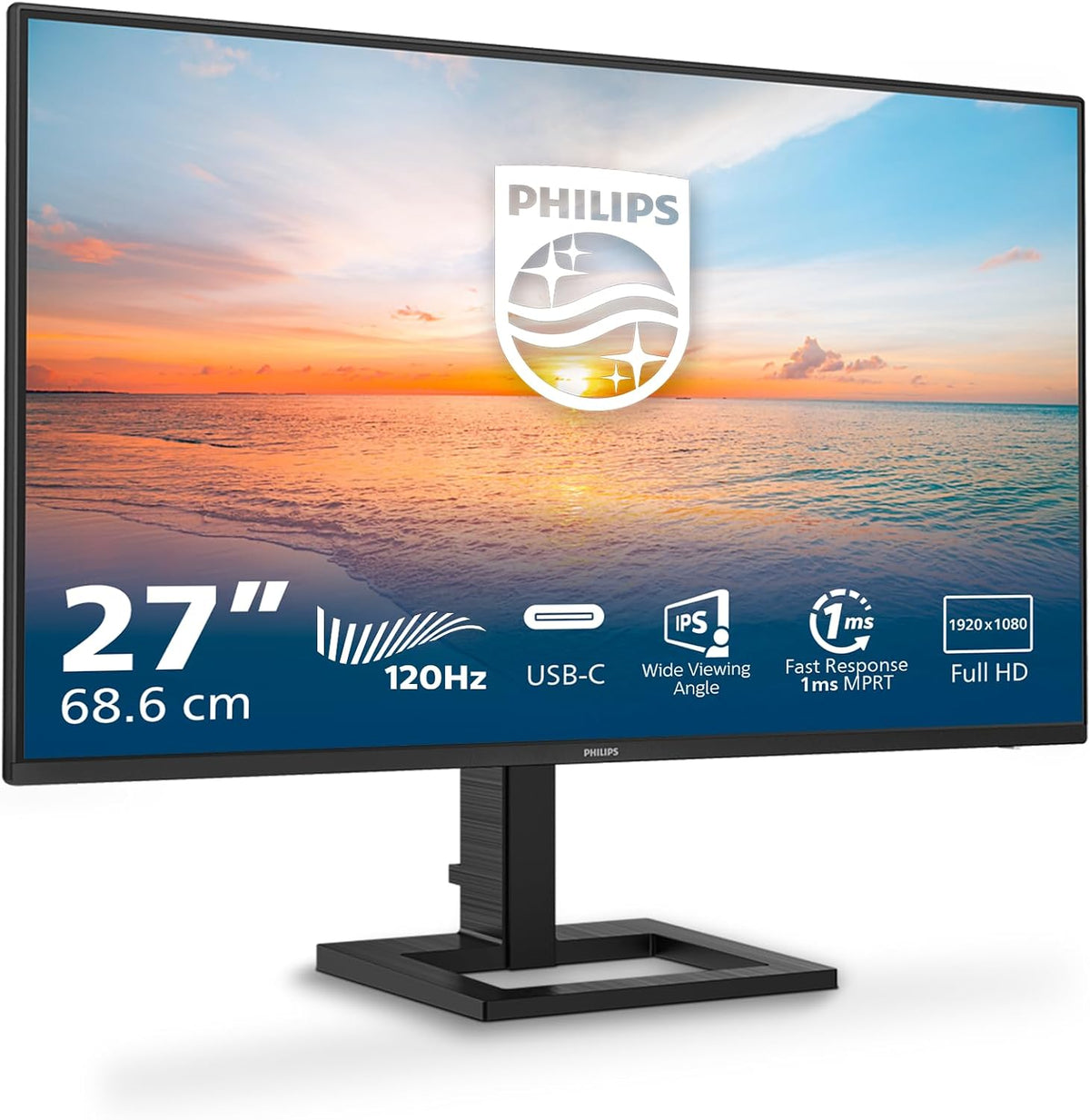 Philips 27E1N1300AM - 27-inch FHD Monitor, Height Adjustable, Speakers (1920x1080, 100Hz, HDMI, USB-C (65W Power), USB Hub) Black — Black