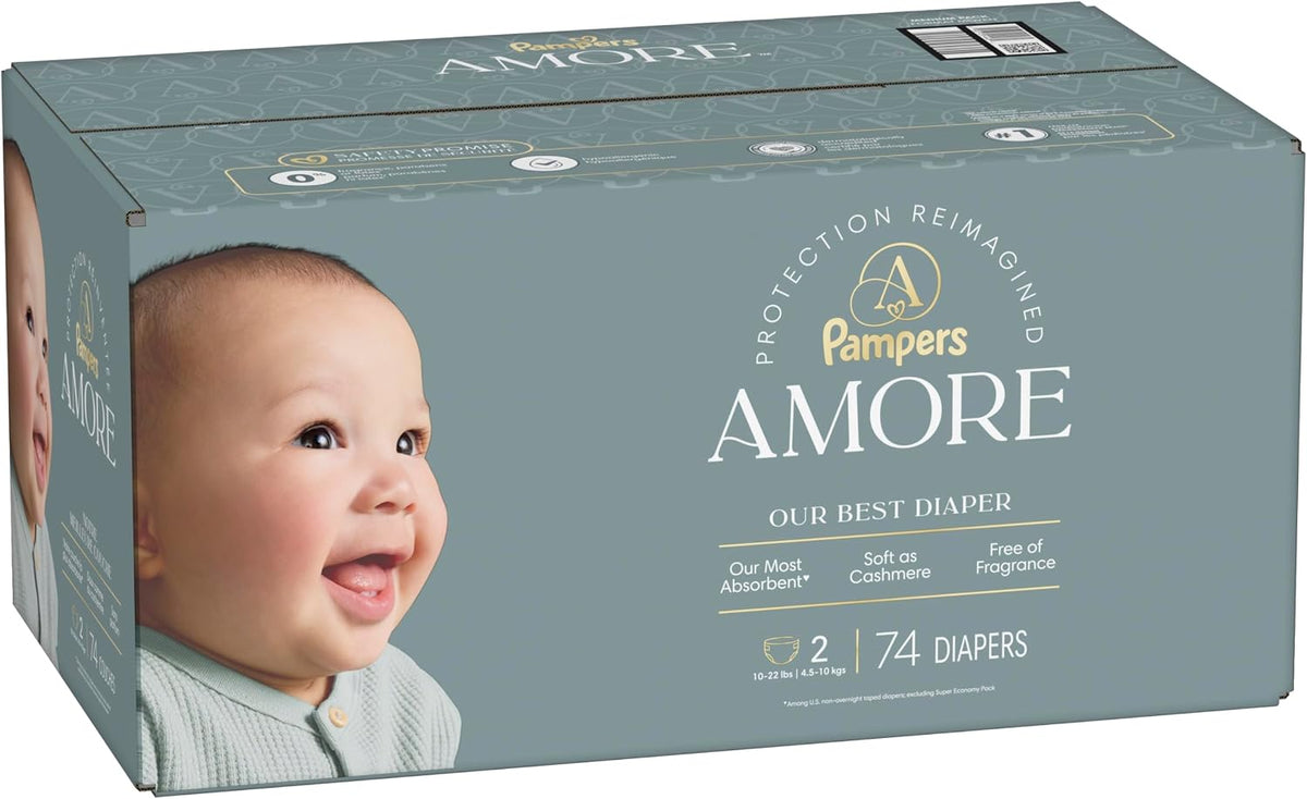 Pampers Amore, Size 2 (10-22 lbs), 74 Count, Our Best Diaper – Hypoallergenic & Fragrance Free, Up to 100% Leakproof, Soft as Cashmere