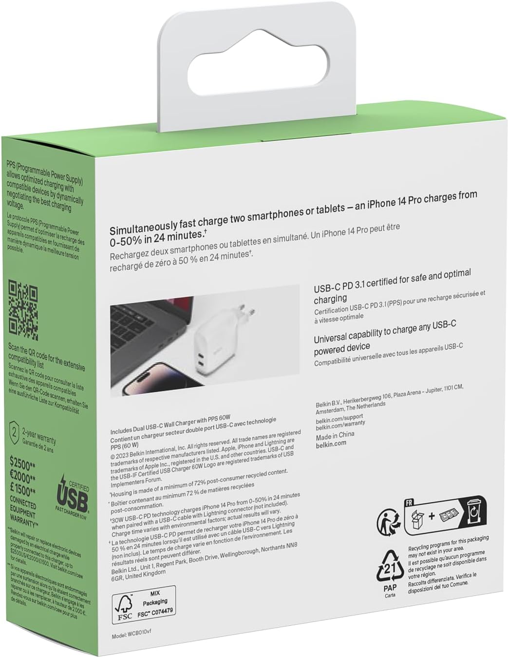 Belkin BoostCharge Dual USB-C Plug with PPS 60W for Apple iPhone, iPad, Samsung Galaxy, Google Pixel - Compatible w/USB-C to Lightning Cable & USB-C to USB-C - White
