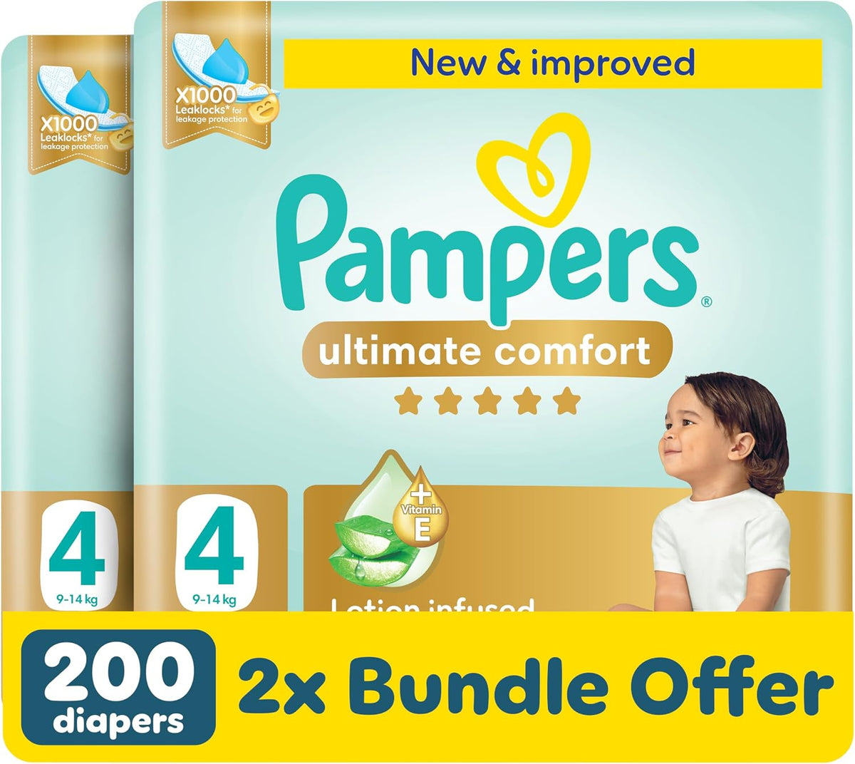 Pampers Ultimate Comfort Premium Taped Diapers 9-14kg Size 4 Box 200 Count