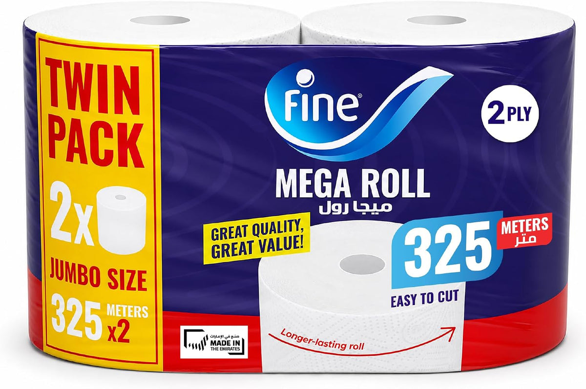 Fine Kitchen Paper Towel 2 Rolls, 325m X 1 ply, Fine Mega Roll, Sterilized Tissues For Germ Protection — front product image