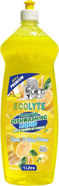 ECOLYTE+ Dishwashing Liquid Soap, Platinum Antibacterial Detergent & Perfect Shine (Lemon, 1 Liter) — front product image