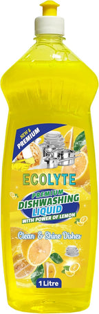 ECOLYTE+ Dishwashing Liquid Soap, Platinum Antibacterial Detergent & Perfect Shine (Lemon, 1 Liter) — front product image