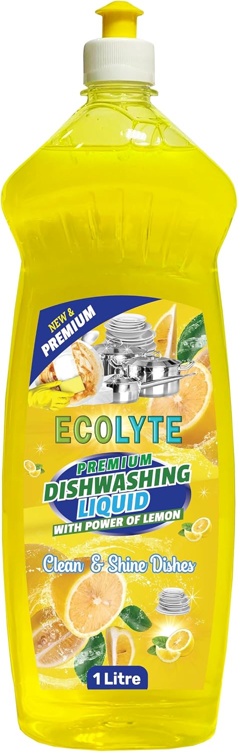ECOLYTE+ Dishwashing Liquid Soap, Platinum Antibacterial Detergent & Perfect Shine (Lemon, 1 Liter)
