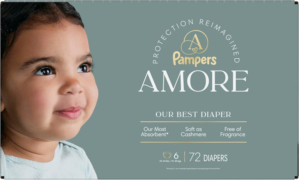 Pampers Amore, Size 6 (23-44 lbs), 72 Count, Our Best Diaper – Hypoallergenic & Fragrance Free, Up to 100% Leakproof, Soft as Cashmere