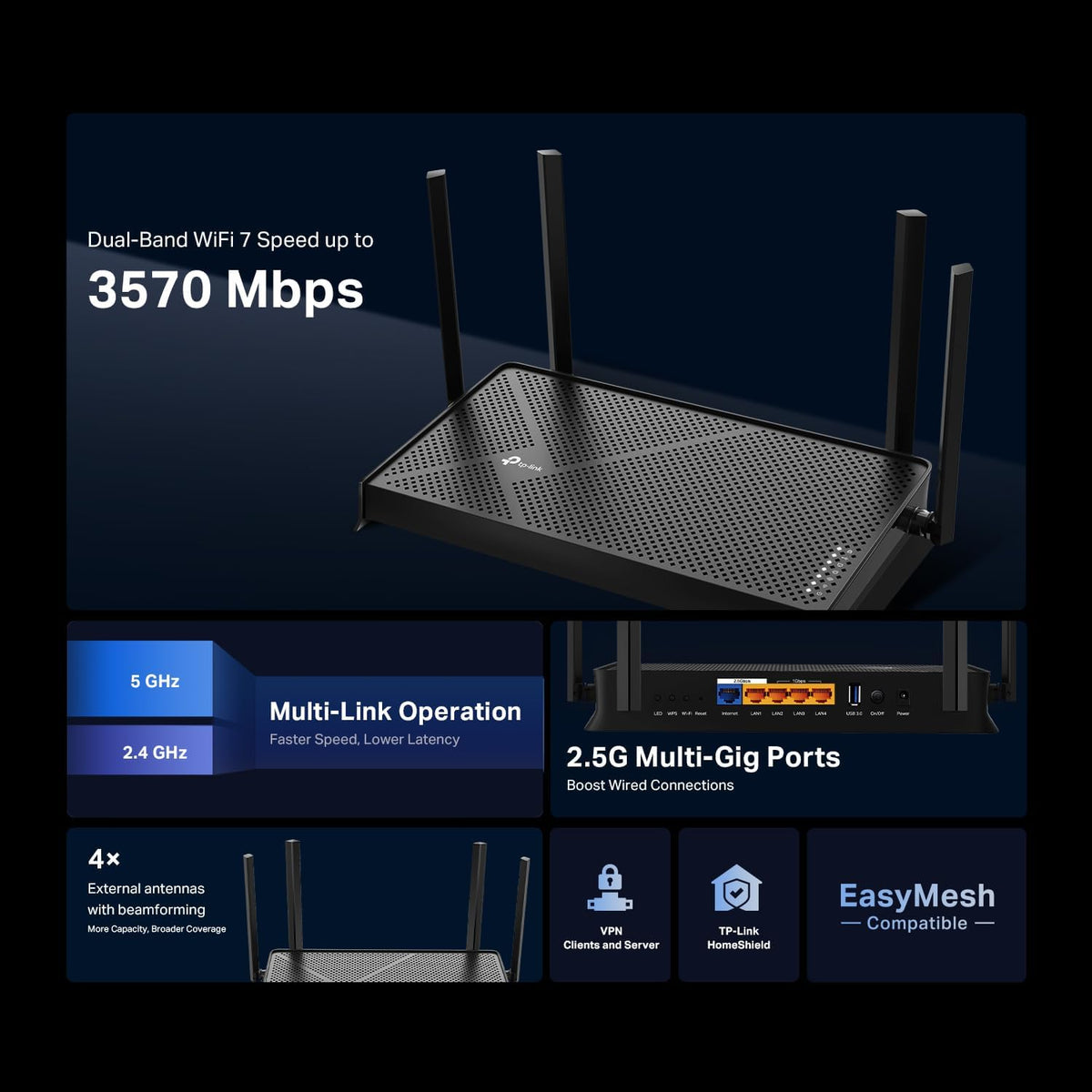 TP-Link Dual-Band BE3600 Wi-Fi 7 Router Archer BE230 | 4-Stream 3.6 Gbps | 2×2.5G + 3×1G Ports, USB 3.0, 2.0 GHz Quad Core, 4 Antennas | VPN Clients & Server | EasyMesh, HomeShield, MLO, Private IOT