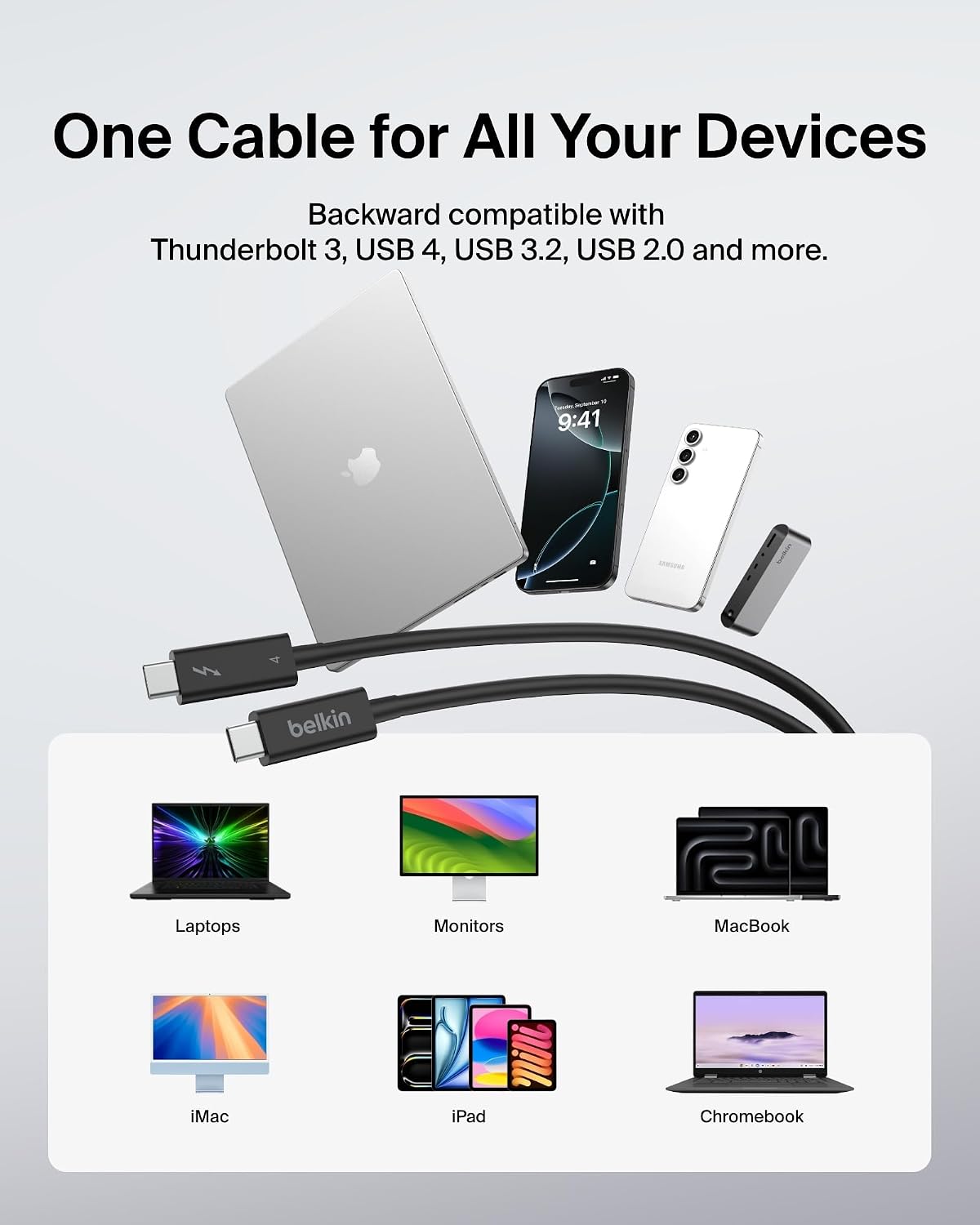 Belkin Thunderbolt 4 Cable (1M, 3.3ft Power Cable), USB-C to USB-C Cable w/ 100W Power Delivery, USB 4 Compliant, Compatible with Thunderbolt 3, MacBook Pro, eCPU & More - Intel Thunderbolt Certified