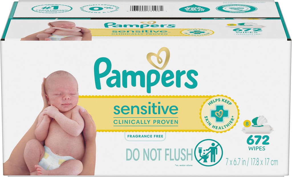 Pampers Sensitive Baby Wipes, Unscented, Fragrance Free, Clinically Proven, Water Based, Hypoallergenic, Multi-Use, Hand Wipes, 672 Wipes Total (12X Flip-Top Packs)