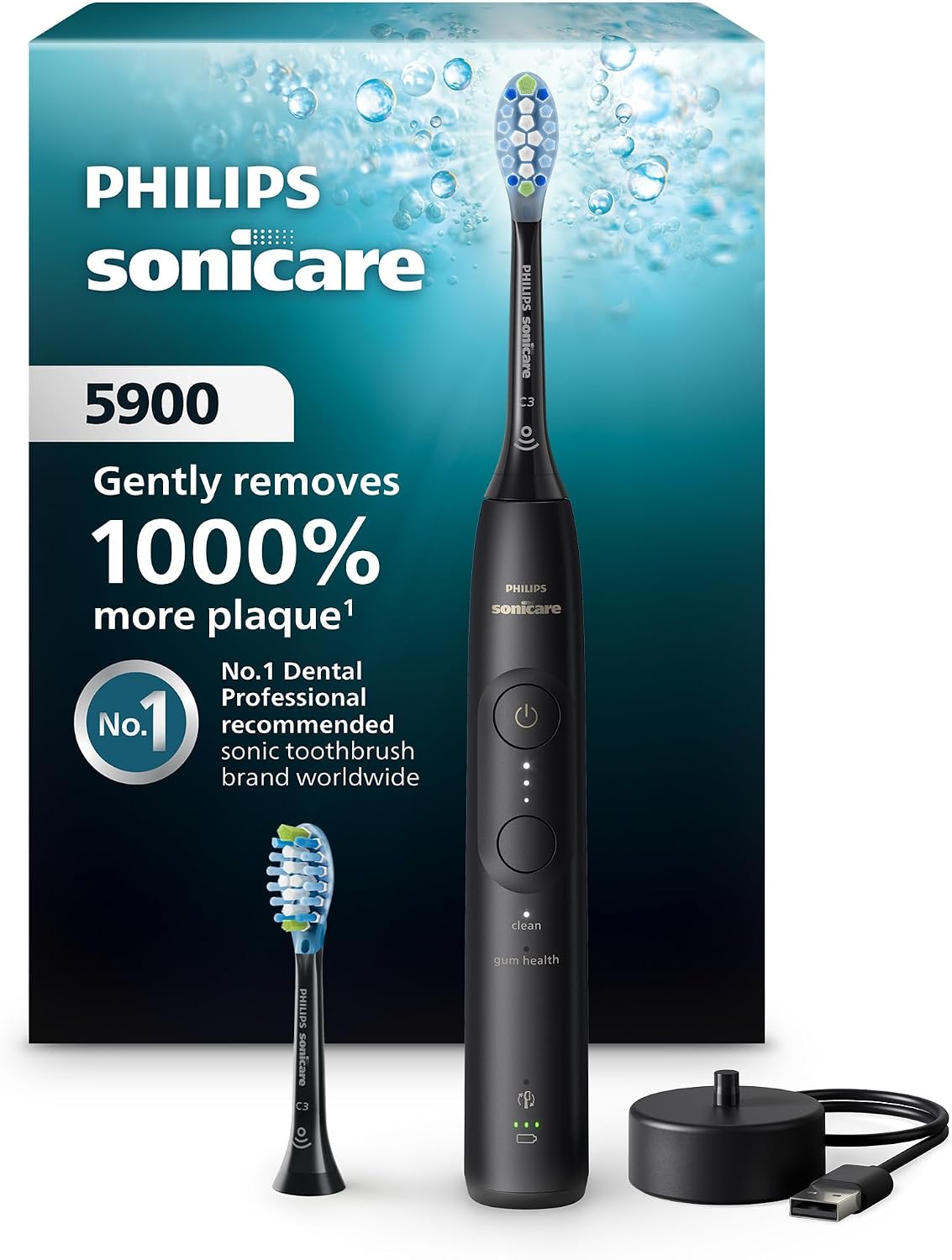 Philips Sonicare 5900 Rechargeable Electric Toothbrush, 2 Brush Head, Black — Deep Black
