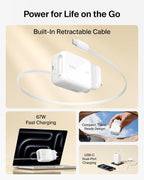 Belkin USB-C Charger Plug 67W with 3.3ft Retractable USB C Cable & USB C Port - GaN iPhone Charger, Fast Charging for iPhone 17 & 16 Series, Galaxy S26 Series, AirPods, Tablet, MacBook, Chromebook