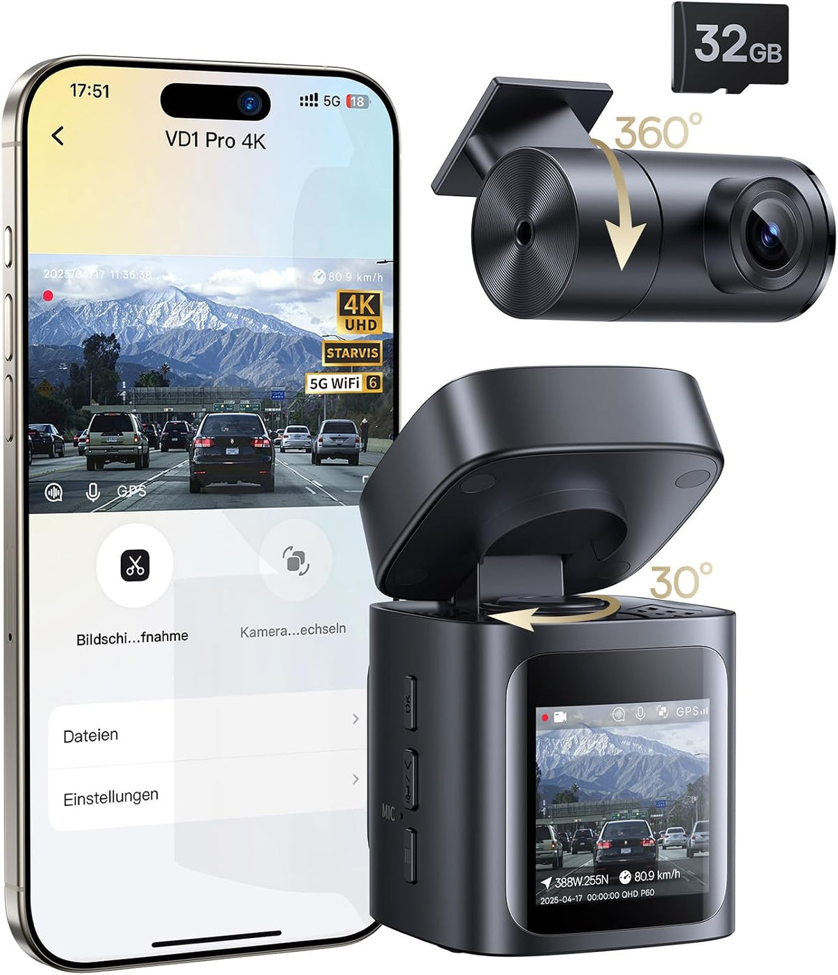 Baseus VD1 Pro Dash Cam Front and Rear 4K 1080P, Sun Camera with 24-Hour Wireless Parking Monitoring, Dashboard Camera with STARVIS Night Vision, 5 GHz WLAN, GPS — Black