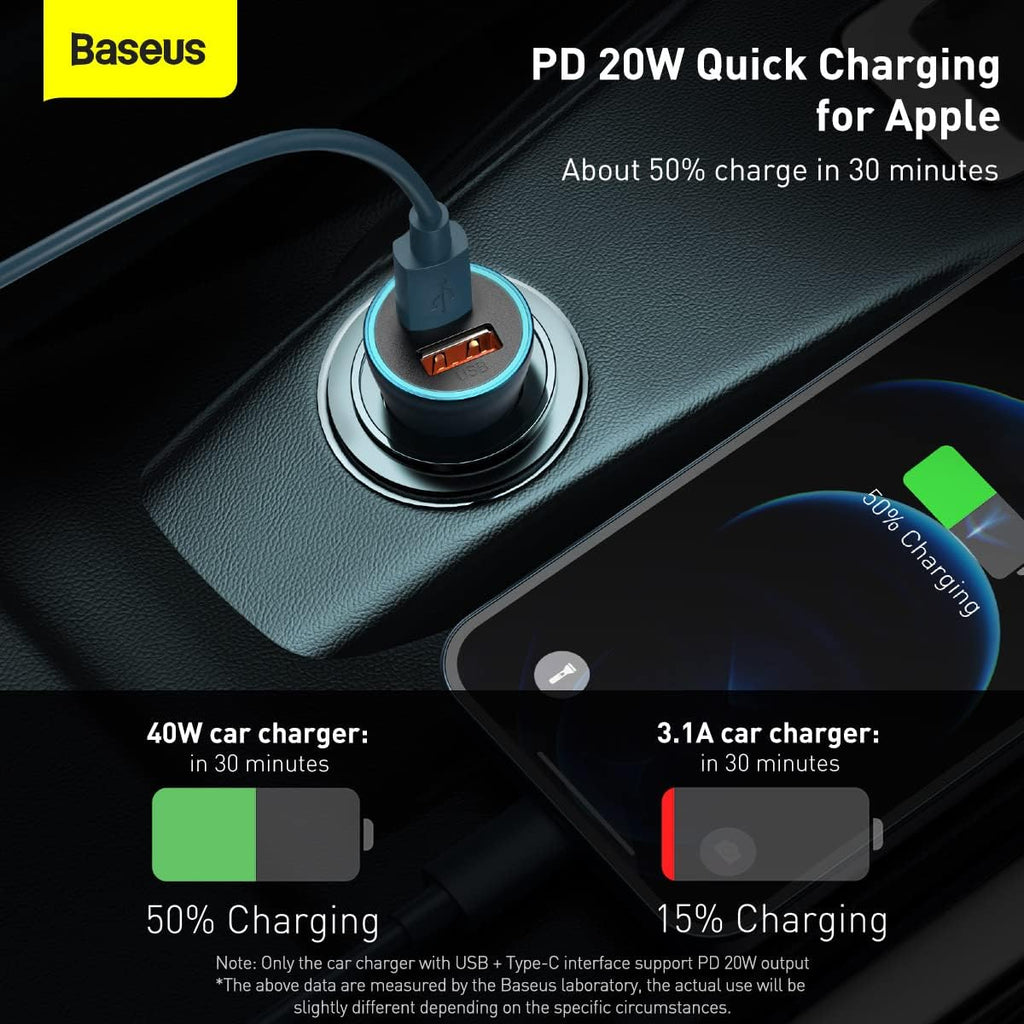 Baseus Car Charger 40W USB C Adaptor, PD 3.0 QC 4.0 Phone Fast Charging With Simple Wisdom Data Cable Type-C to Lightning Cable 1M — Blue