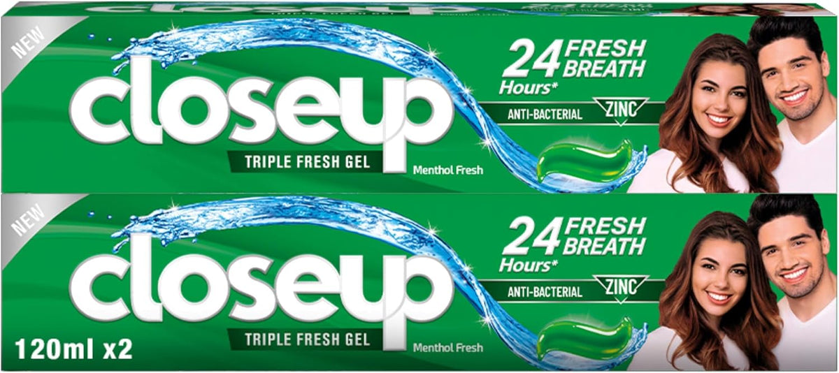 Closeup Triple Fresh Gel Toothpaste, Menthol Fresh, for 24HR fresh breath, 120ml x 2 — front product image