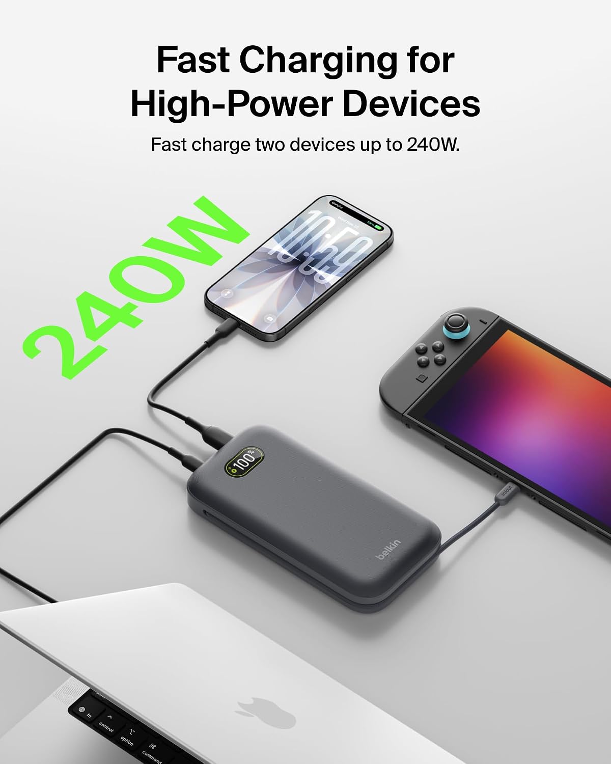 Belkin UltraCharge Pro Power Bank 27000mAh 240W, Portable Charger with Integrated USB C Cable, USB PD - Fast Charging Battery Pack for MacBook Pro, iPhone, iPad, Galaxy, Pixel & More - Charcoal