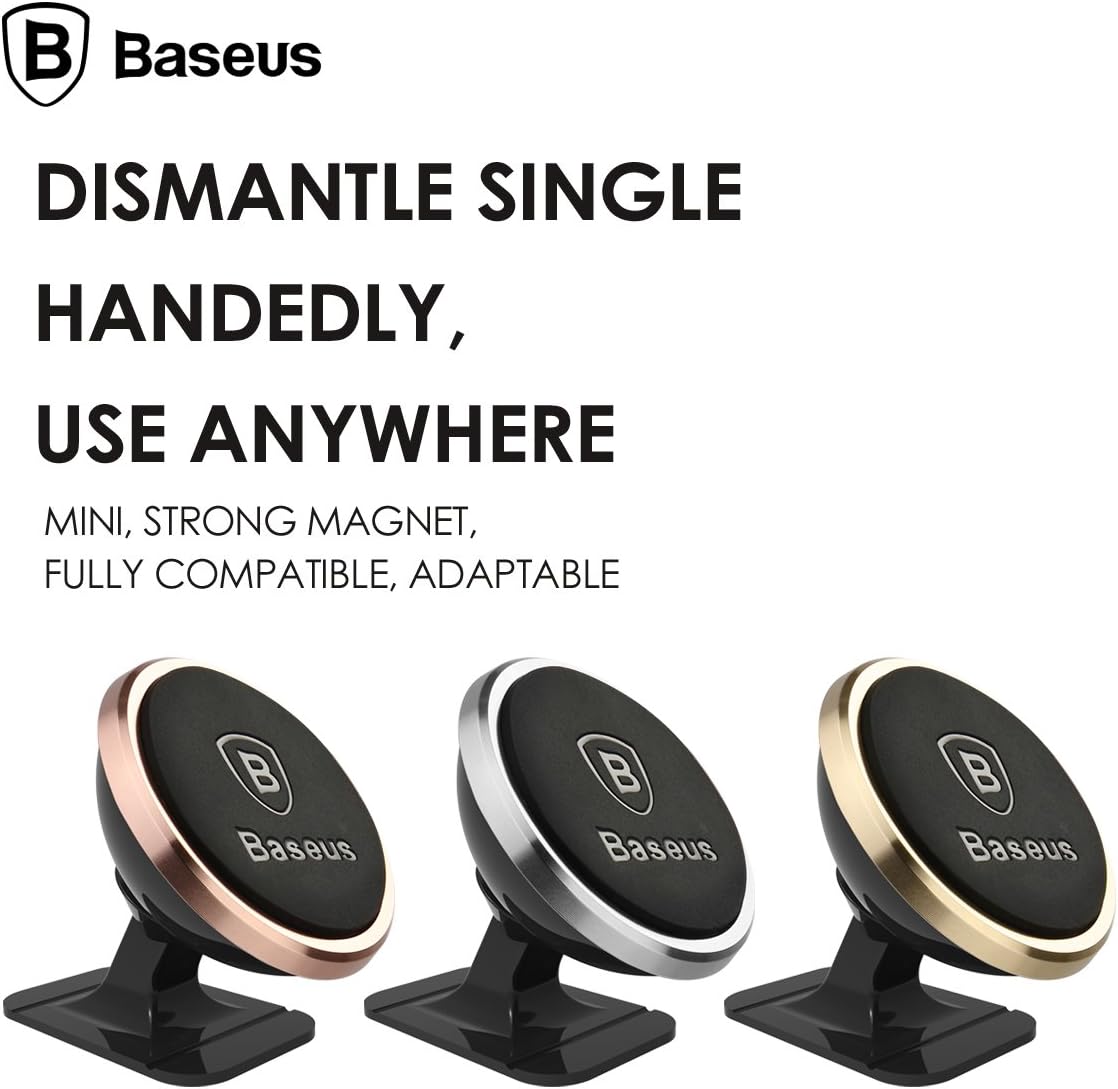 Baseus 360° Adjustable Magnetic Car Phone Holder | Universal Stick-On Dashboard Mount & Mini Mobile Stand | Aluminum Alloy Magnetic Magnet — 360°Rotation- Small — Silver
