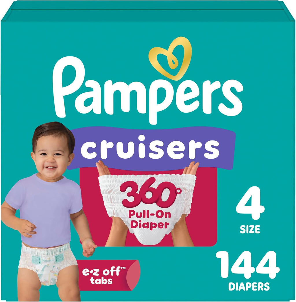 Pampers Diapers Size 4, 144 Count - Pull On Cruisers 360° Fit Disposable Baby Diapers with Stretchy Waistband, (Packaging & Prints May Vary)