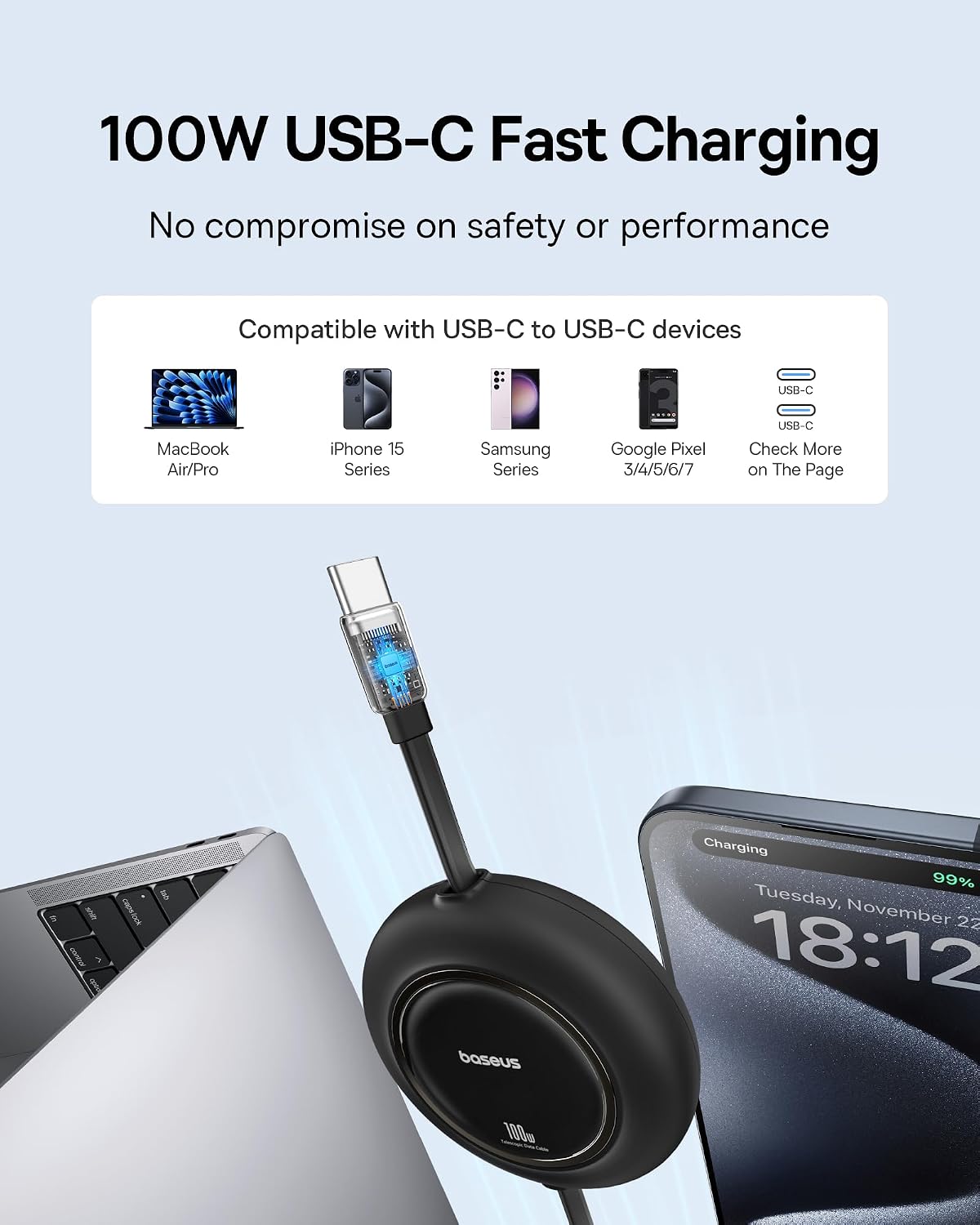 Baseus USB C to USB C Cable, 100W 6.6ft Retractable USB C Fast Charging Cable, 7-Stage Length Preset Retractable Charger Cord — 2 Meters — Black