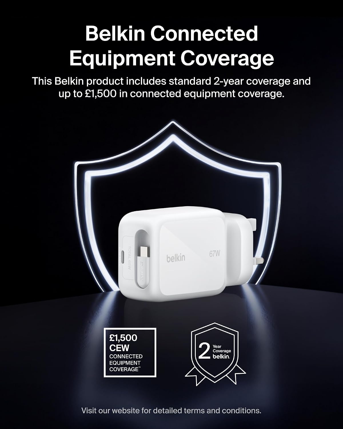 Belkin USB-C Charger Plug 67W with 3.3ft Retractable USB C Cable & USB C Port - GaN iPhone Charger, Fast Charging for iPhone 17 & 16 Series, Galaxy S26 Series, AirPods, Tablet, MacBook, Chromebook