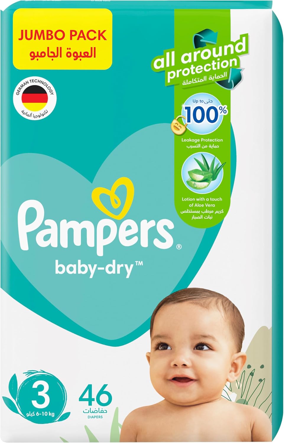 Pampers Baby-Dry Taped Diapers with Aloe Vera Lotion, up to 100% Leakage Protection, Size 3, 6-10kg, 46 Count
