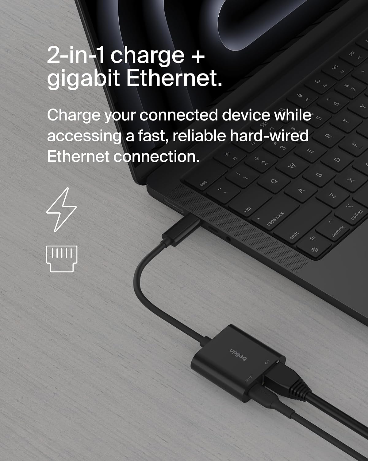 Belkin Connect USB-C to Ethernet + Charge Adapter 100W w/ Gigabit Ethernet Port and USB-C Port - [10/100/1000] Mbps for Fast Internet Connection - Compatible with iPhone 16, 15, Galaxy S24 & More