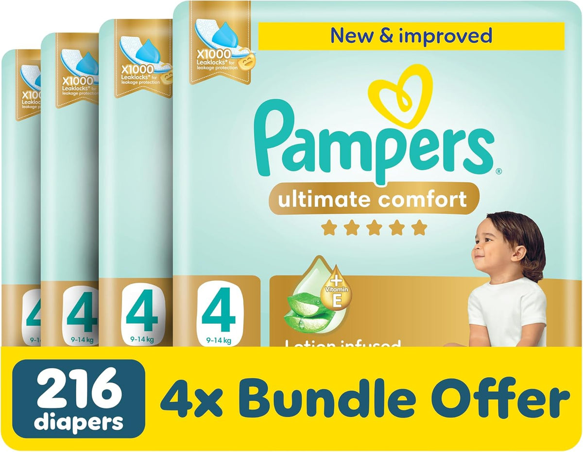 Pampers Ultimate Comfort Taped Diapers, Size 4, 9-14kg, Lotion infused with Aloe Vera and Vitamin E, x1000 Leak Locks Technology for Leakage Protection, 216 Count
