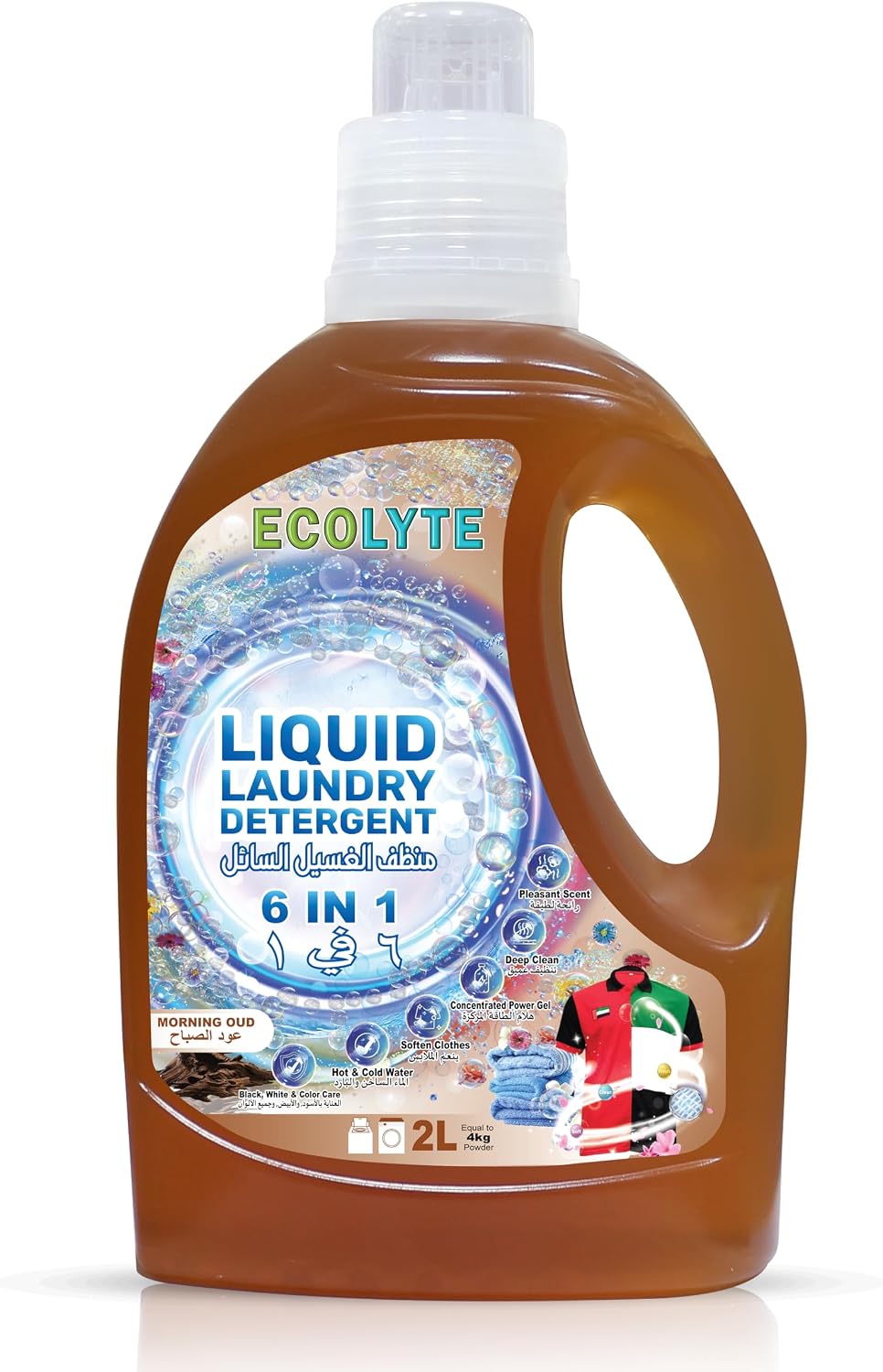 ECOLYTE+ Liquid Laundry Detergent for All Washing Machines, 6 in 1 Deep Clean Technology, Power Gel, Color Care, Perfect Cleanliness & Long-Lasting Freshness - (Morning Oud, 2 Liter) — front product image
