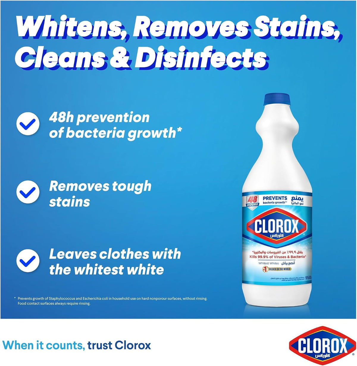 Clorox Liquid Bleach 950ml, Kills 99.9% of Viruses and Bacteria, 48 Hours Prevents Bacteria Growth, Removes Stains — additional view 3