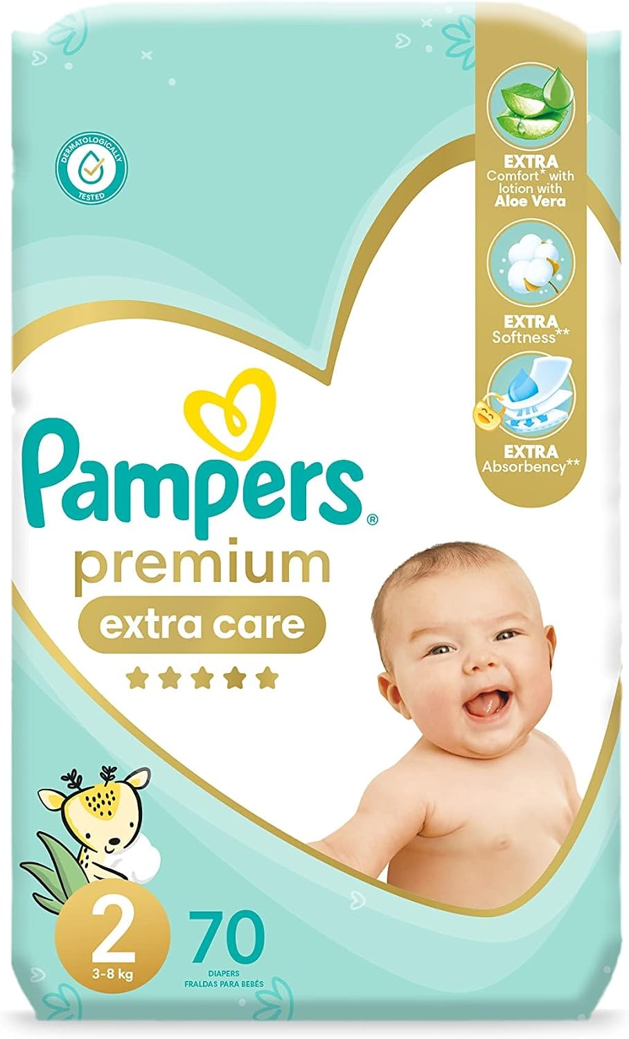 Pampers Premium EXTRA CARE Diapers, Size 2, 3-8 kg, with Lotion with Aloe Vera, 70 Baby Diapers
