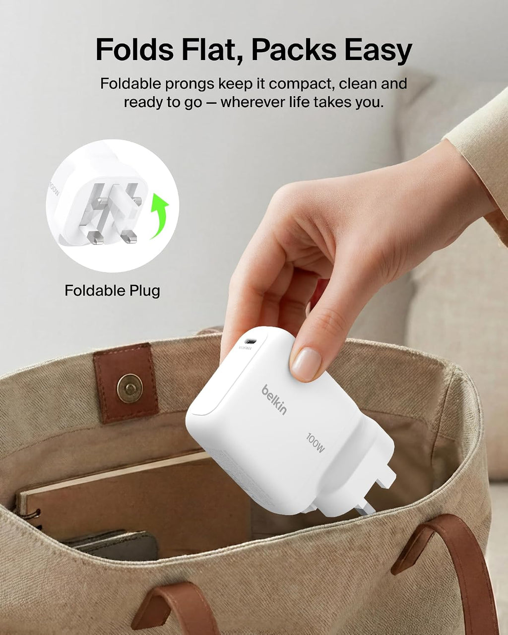 Belkin BoostCharge USB C Plug Charger 100W, GaN Compact and Foldable Plug Charger, Fast Charging for iPhone 17, Samsung Galaxy S26, Pixel 10, AirPods, Tablet, MacBook, Chromebook - White