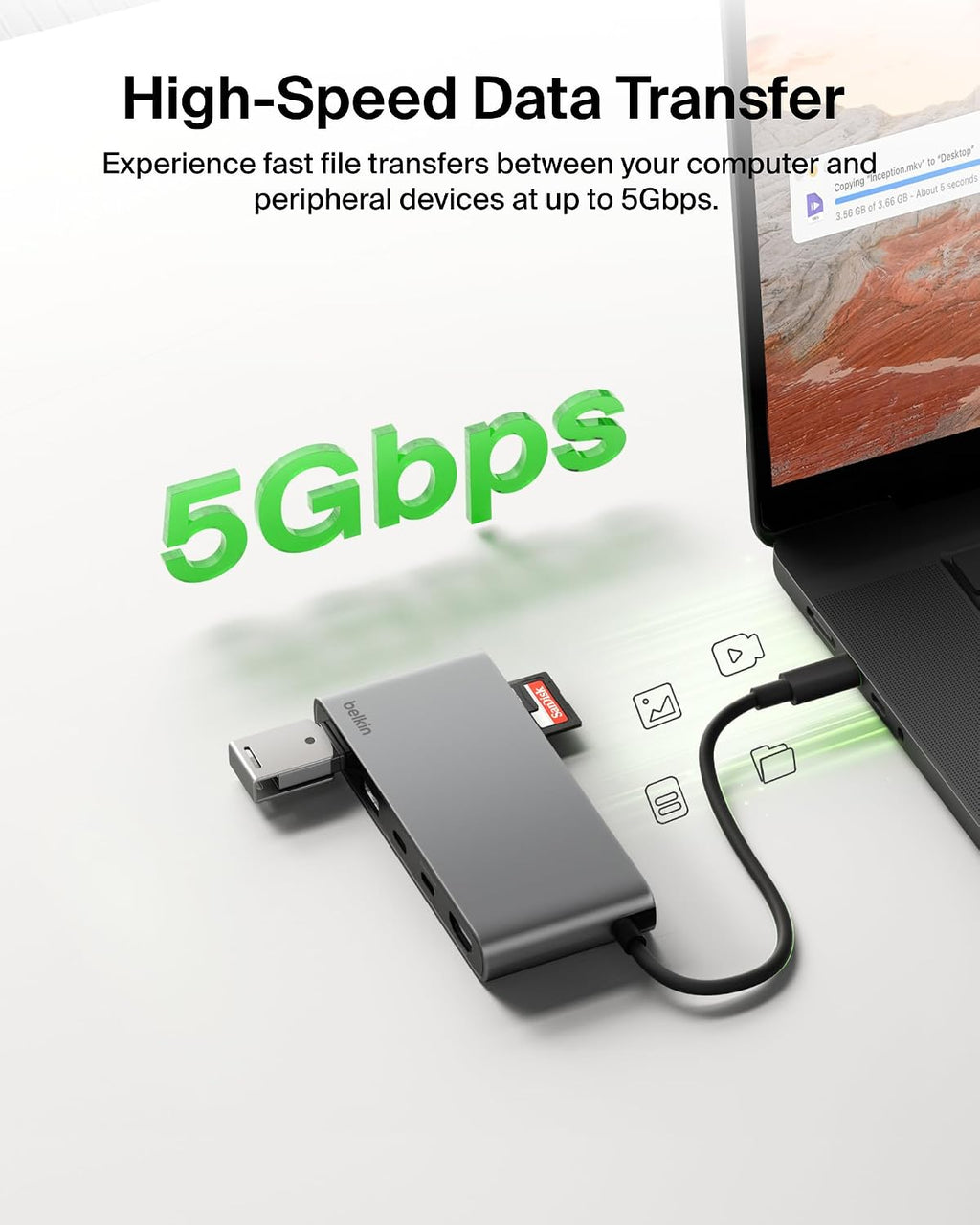 Belkin USB C Hub, 7-Port Hub w/ 4K HDMI Display @ 60Hz, SD & MicroSD, 100W Power Delivery, Fast Data Transfer 5Gbps, USB C Multiport Adapter for MacBook, iPad Pro, Chromebook - HDMI 2.0 - Grey