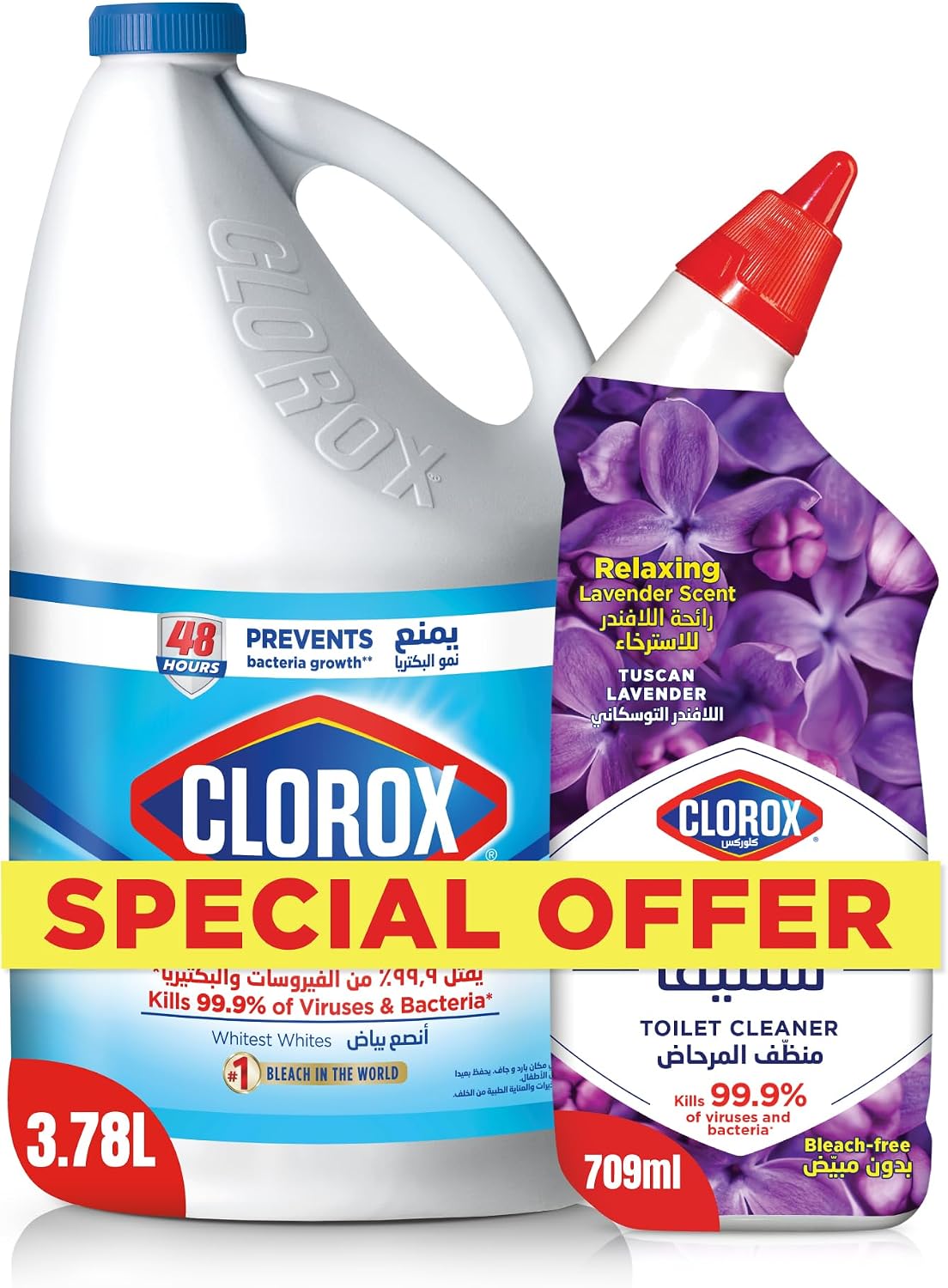 Clorox Bleach Liquid Original Scent, 3.78L and Clorox Scentiva Toilet Cleaner, 709ml Tuscan Lavender — front product image