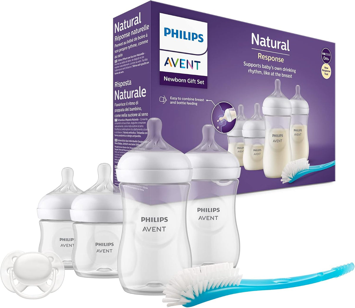 Philips Avent Natural Response Newborn Gift Set SCD838/11, which includes 4 Bottles, ultra soft pacifier, and a bottle brush. — white