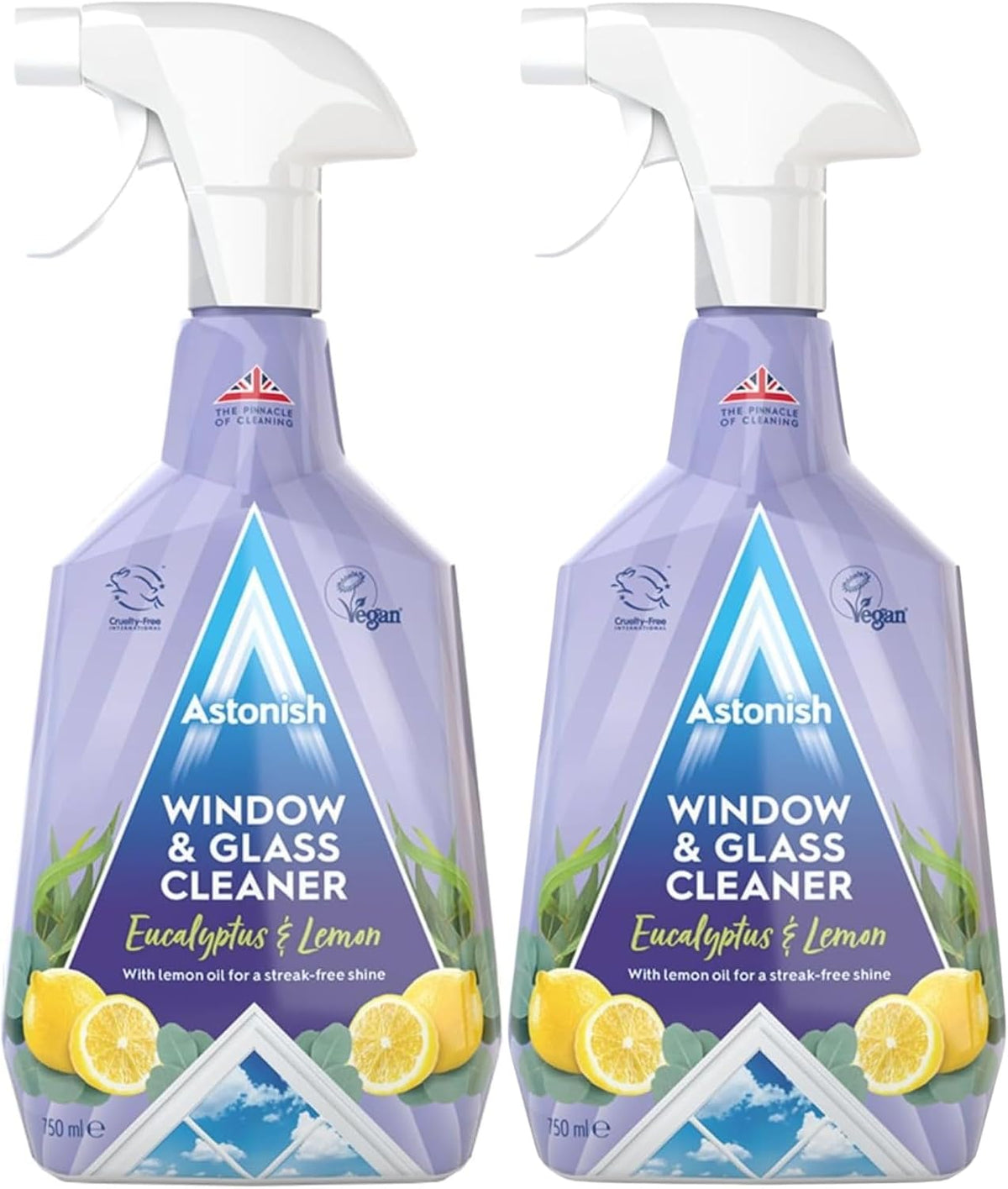 Astonish Window & Glass Cleaner - With Lemon Oil - Tough on Grease & Grime - Crystal Clear Streak Free Shine -Easy to Use -Long Lasting effect -Fresh Fragrance-Vegan -Cruelty Free 750ML -Twin Pack — front product image