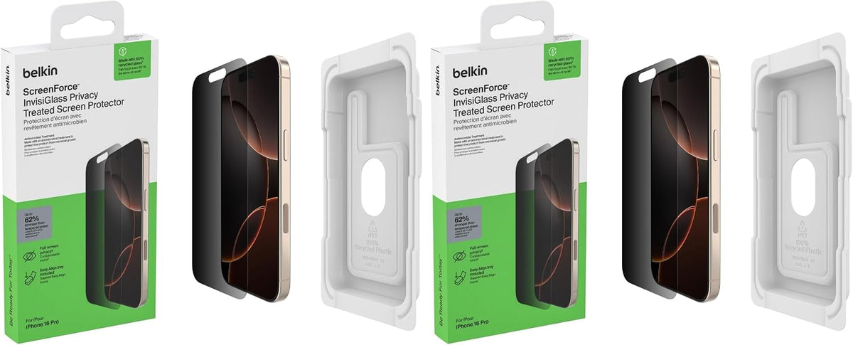 Belkin ScreenForce InvisiGlass Privacy Screen Protector for iPhone17 + iPhone 16 Pro, Scratch-Resistant Impact Protection with Included Easy Align Tray for Bubble Free Application, Recycled Glass