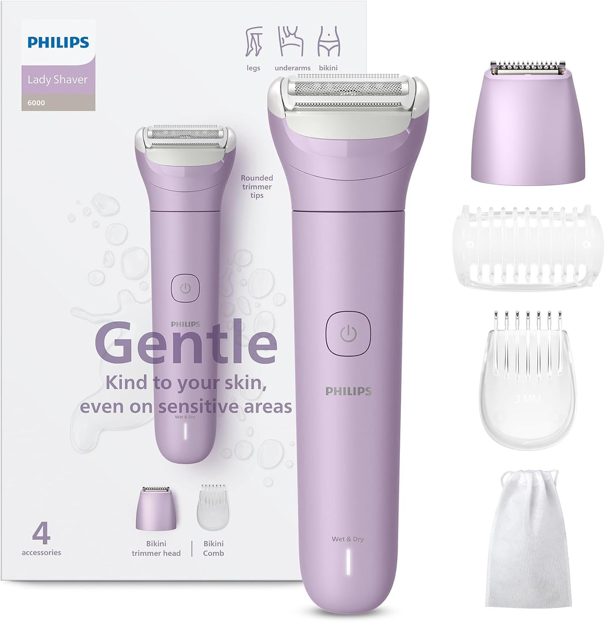 Philips Cordless Wet & Dry Lady Shaver and Trimmer, Legs, Arm, Underarm, Bikini, Wet & Dry Usage, USB-A Charging, Quick Charge for the first use — Number 1 Lady Shaver Brand Globally! — BRL138/00 — White