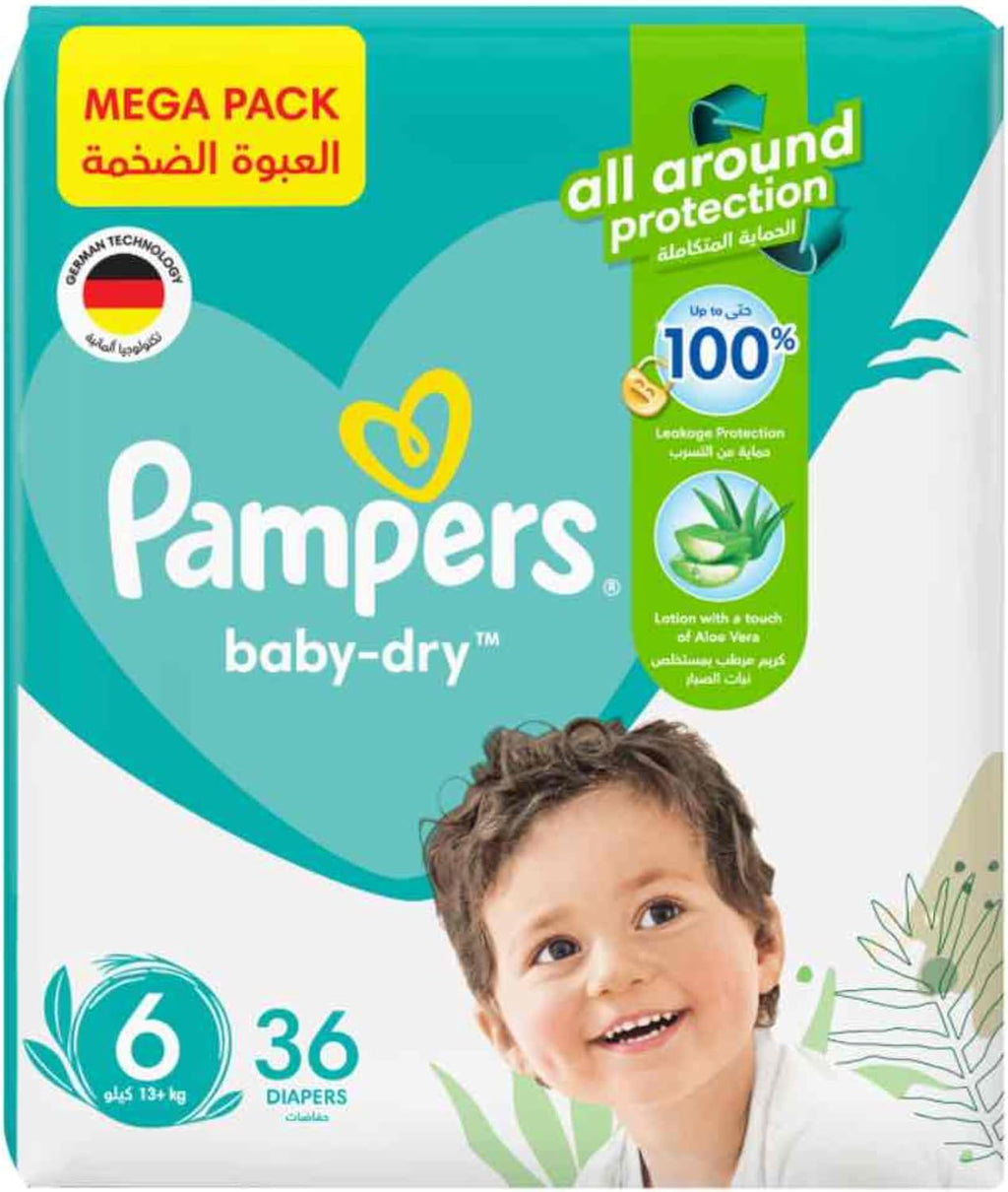 Pampers Baby-Dry Taped Diapers with Aloe Vera Lotion, up to 100% Leakage Protection, Size 6, 13+kg, 36 Count