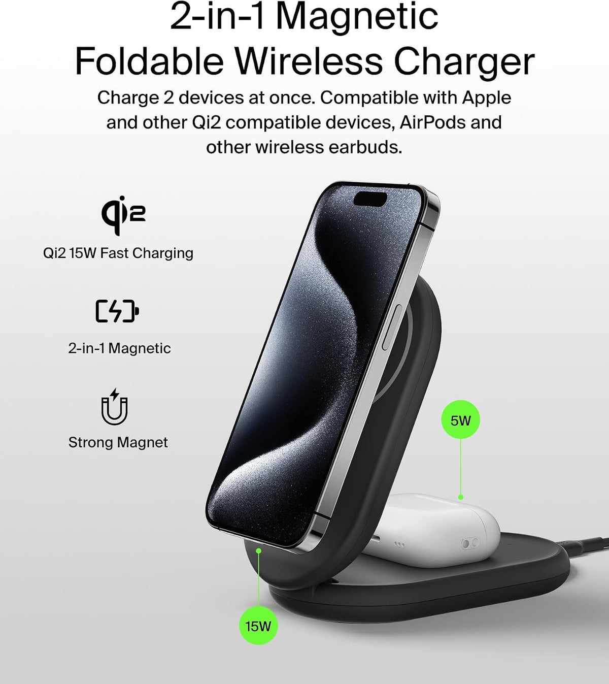Belkin BoostCharge 2-in-1 Magnetic Foldable Qi2 Charger 15W, MagSafe Compatible Wireless Charger, Fast Charging for iPhone 17, Air, 16, 15, Charging Station with Non-Slip Base, PSU Included - Black